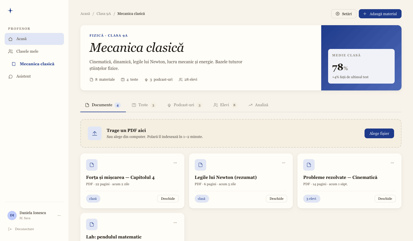 Pagină de curs din panoul profesorului